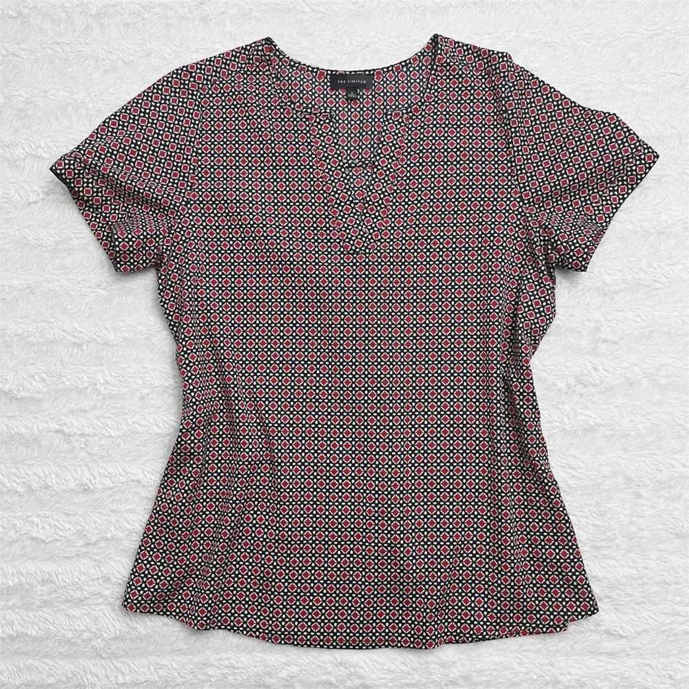 The Limited Women’s Geometric Print Short Sleeve Blouse - Red/White/Navy Blue - Picture 1 of 8